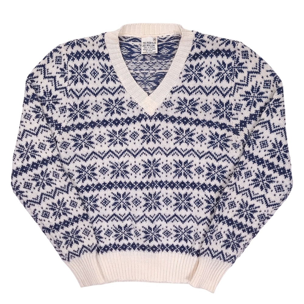 Vintage Fair Isle Snowflake V-Neck Sweater Navy White Juniors Medium RN 35546